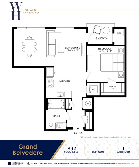 Floor plan for 1 bed, 1 bath, 832 sqft